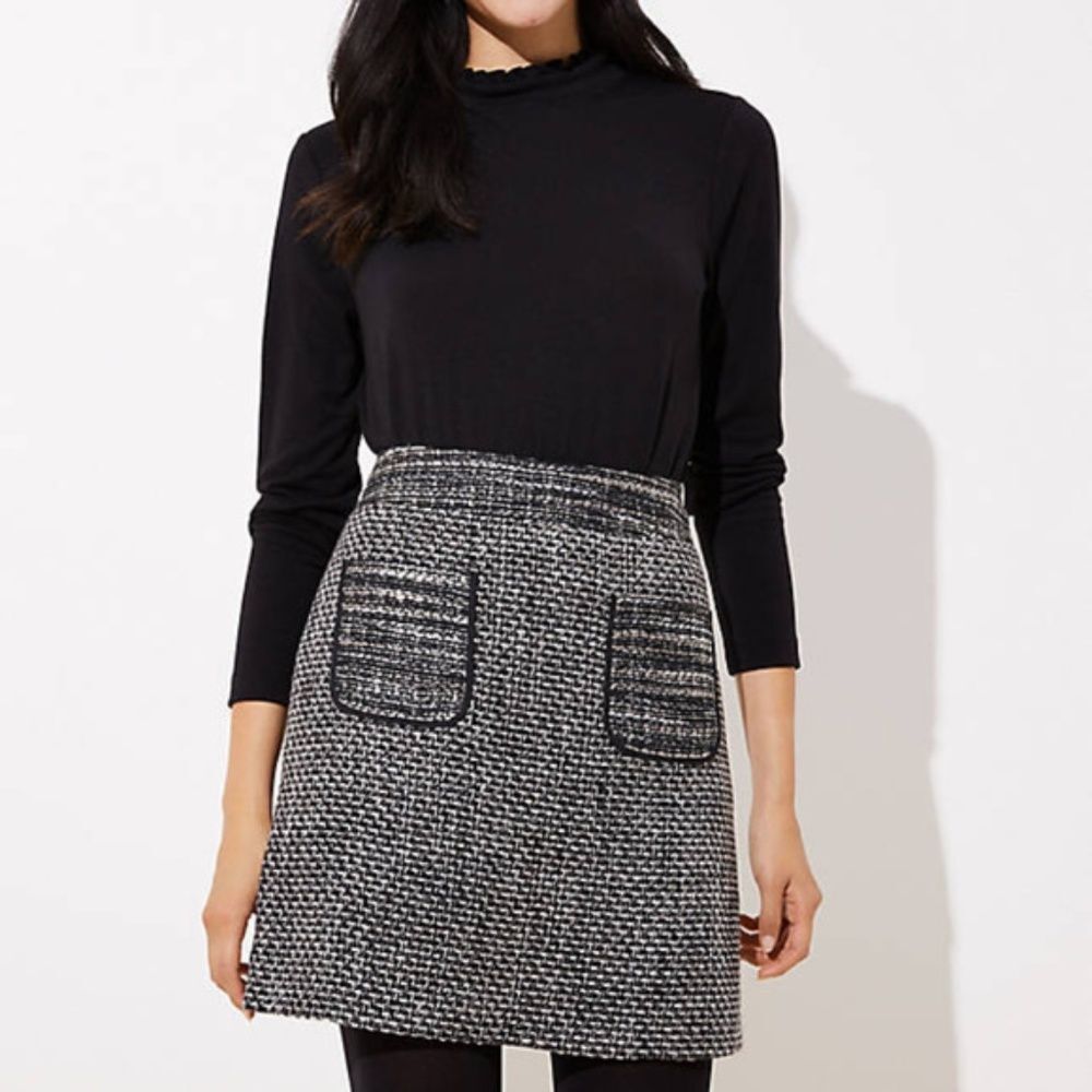 Loft Black Grey Tweed Pockets Zipper Mid Rise Pencil Skirt Size Petite 0P